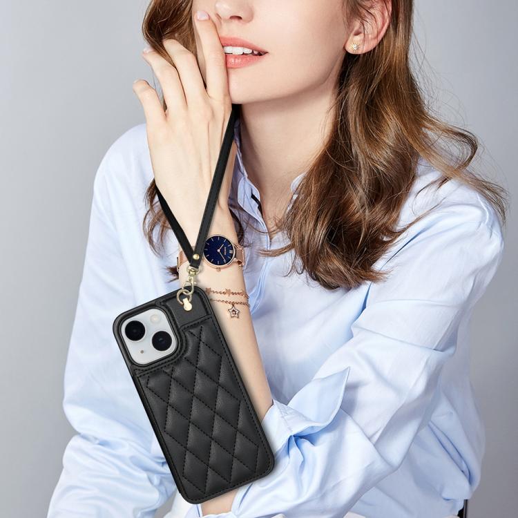 Estuche para Teléfono iPhone 15 Plus con Ranuras para Tarjetas y Hebilla Doble Rombal (Negro)