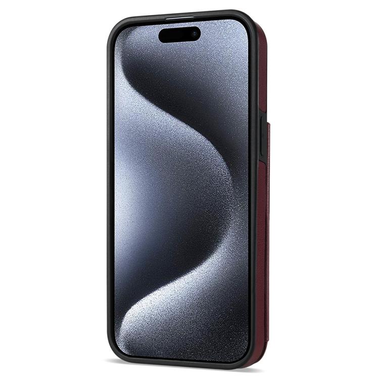 Estuche para Teléfono iPhone 15 Plus Ranuras Tarjetas Hebilla Doble Cordón (Rojo Vino)