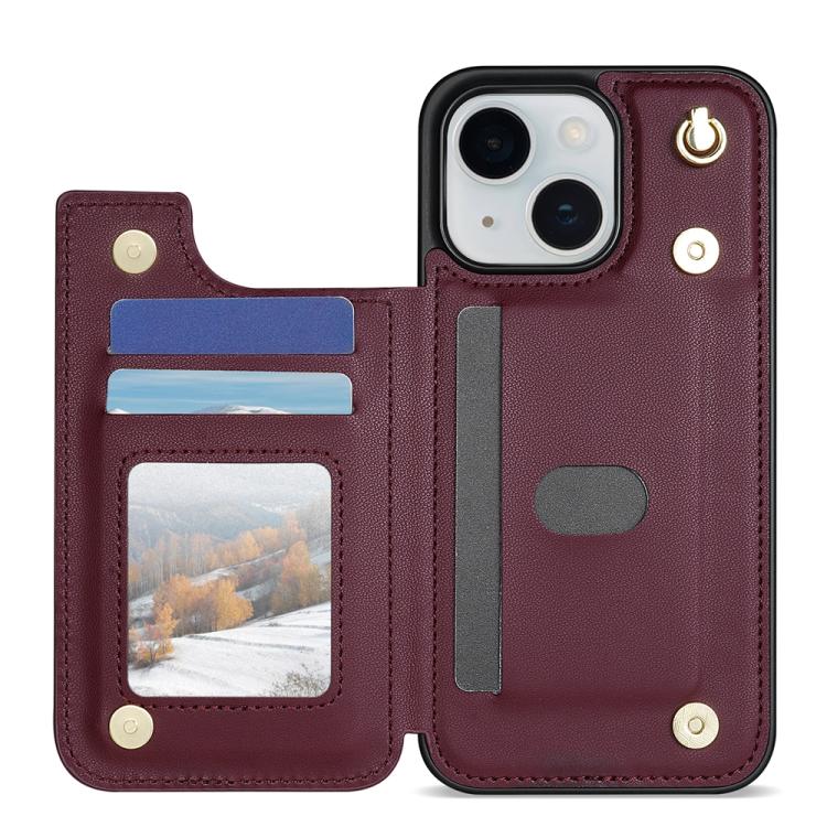 Estuche para Teléfono iPhone 15 Plus Ranuras Tarjetas Hebilla Doble Cordón (Rojo Vino)