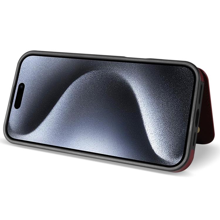 Estuche para Teléfono iPhone 15 Plus Ranuras Tarjetas Hebilla Doble Cordón (Rojo Vino)