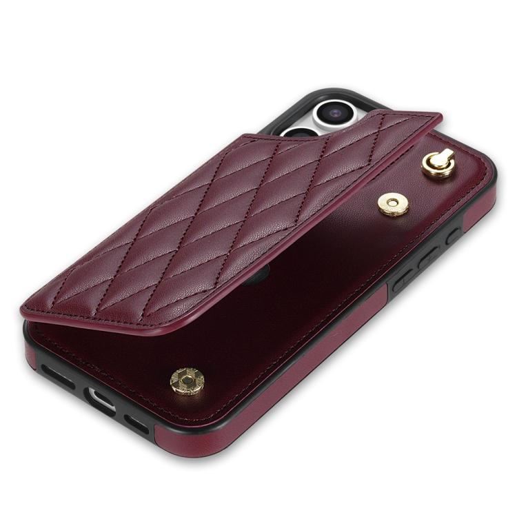 Estuche para Teléfono iPhone 15 Plus Ranuras Tarjetas Hebilla Doble Cordón (Rojo Vino)