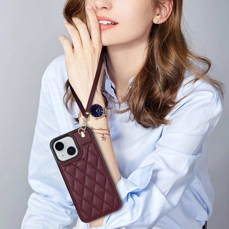 Estuche para Teléfono iPhone 15 Plus Ranuras Tarjetas Hebilla Doble Cordón (Rojo Vino)