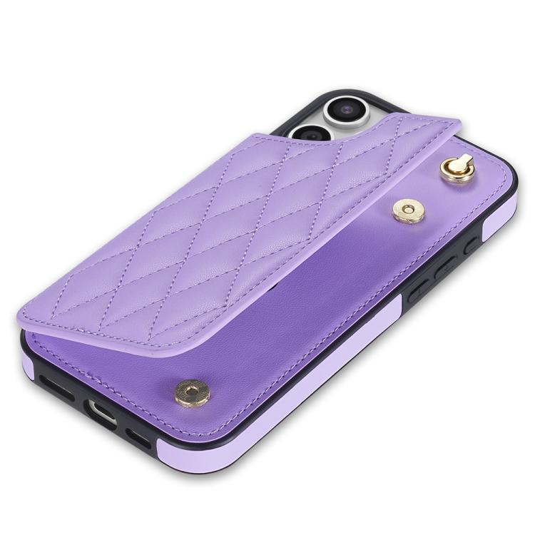Estuche para Teléfono Rombal iPhone 15 Plus Ranuras Tarjetas Hebilla Doble Cordón (Morado)