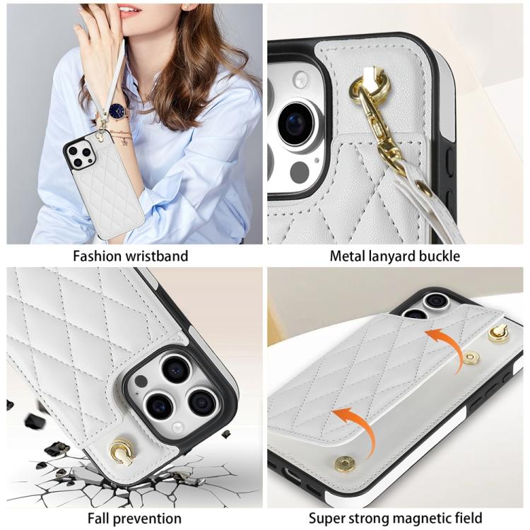 Estuche para Teléfono Rombal para iPhone 14 Pro Max con Ranuras para Tarjetas y Cordón (Blanco)