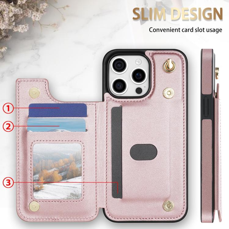 Estuche para Teléfono iPhone 14 Pro Max con Ranuras para Tarjetas Hebilla Doble Rombal y Cordón (Oro Rosa)