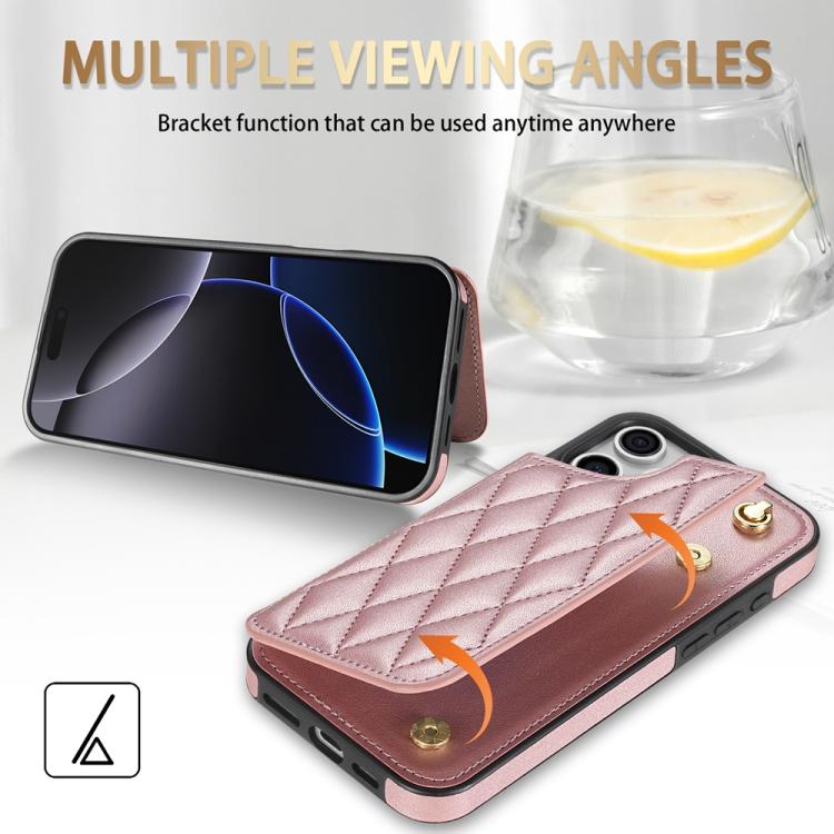 Estuche para Teléfono iPhone 14 Pro Max con Ranuras para Tarjetas Hebilla Doble Rombal y Cordón (Oro Rosa)