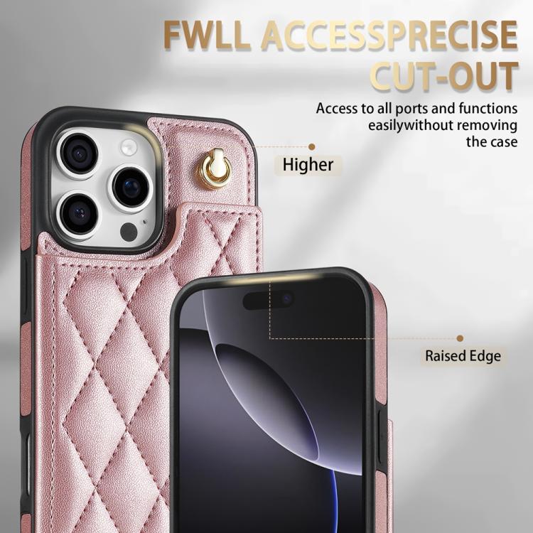 Estuche para Teléfono iPhone 14 Pro Max con Ranuras para Tarjetas Hebilla Doble Rombal y Cordón (Oro Rosa)