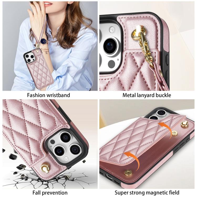 Estuche para Teléfono iPhone 14 Pro Max con Ranuras para Tarjetas Hebilla Doble Rombal y Cordón (Oro Rosa)