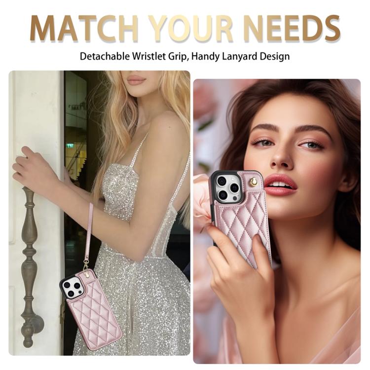 Estuche para Teléfono iPhone 14 Pro Max con Ranuras para Tarjetas Hebilla Doble Rombal y Cordón (Oro Rosa)
