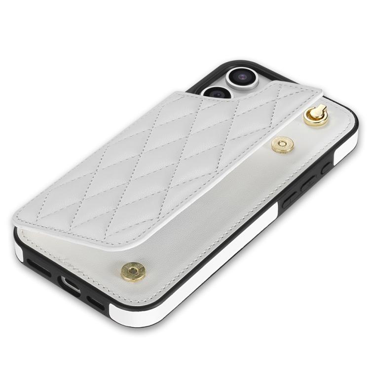 Estuche para Teléfono iPhone 13/14 Ranuras Tarjetas Hebilla Doble Rombal Cordón (Blanco)