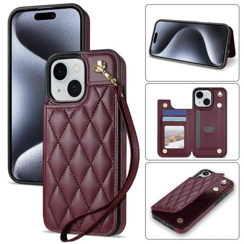 Funda para Teléfono iPhone 13/14 con Ranuras para Tarjetas y Hebilla Doble Rombal con Cordón (Rojo Vino)