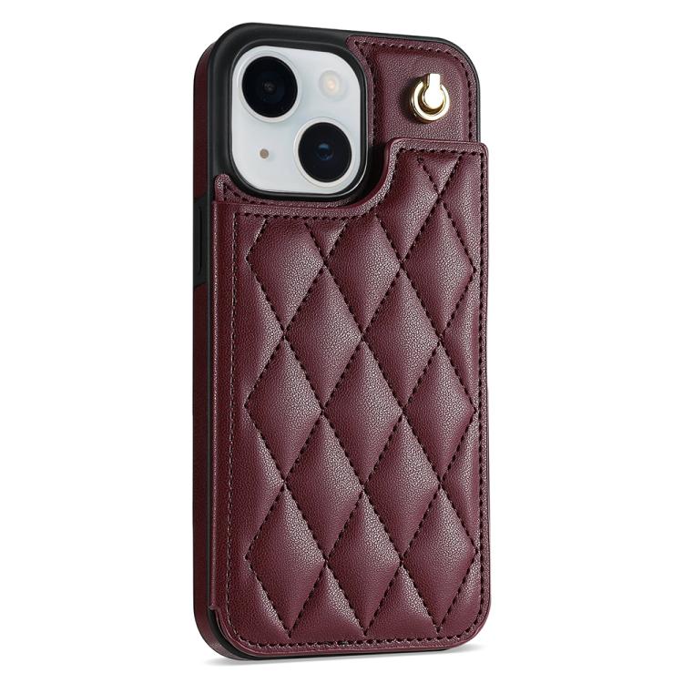 Funda para Teléfono iPhone 13/14 con Ranuras para Tarjetas y Hebilla Doble Rombal con Cordón (Rojo Vino)