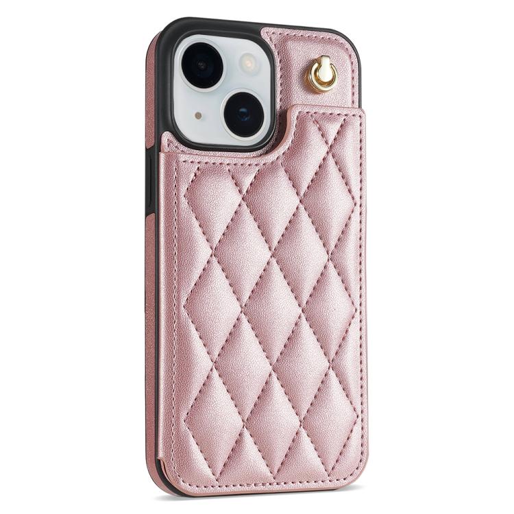Funda para Teléfono iPhone 13/14 con Ranuras para Tarjetas y Hebilla Doble Rombal con Cordón (Oro Rosa)