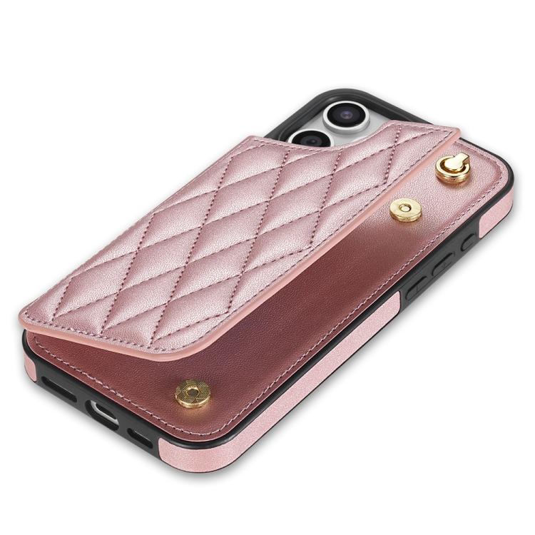 Funda para Teléfono iPhone 13/14 con Ranuras para Tarjetas y Hebilla Doble Rombal con Cordón (Oro Rosa)