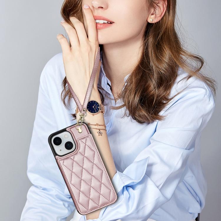 Funda para Teléfono iPhone 13/14 con Ranuras para Tarjetas y Hebilla Doble Rombal con Cordón (Oro Rosa)