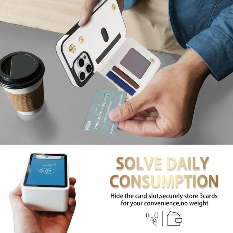 Estuche para Teléfono iPhone 13 Pro Ranuras para Tarjetas Hebilla Doble Rombal con Cordón (Blanco)