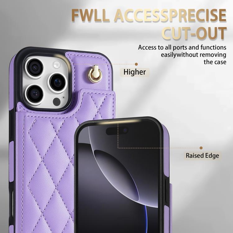 Estuche para Teléfono iPhone 13 Pro con Ranuras para Tarjetas y Hebilla Doble Rombal con Cordón (Morado)