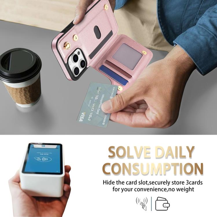 Estuche para Teléfono iPhone 12 Pro Max con Ranuras para Tarjetas y Hebilla Doble Rombal con Cordón (Oro Rosa)