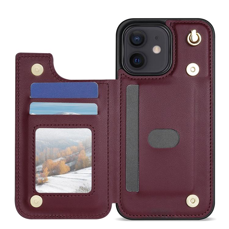 Estuche para Teléfono Rombal para iPhone 12/12 Pro con Ranuras para Tarjetas y Hebilla Doble con Cordón (Rojo Vino)