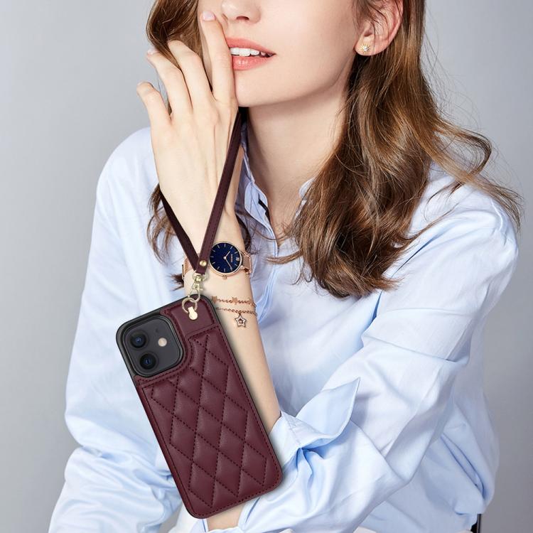 Estuche para Teléfono Rombal para iPhone 12/12 Pro con Ranuras para Tarjetas y Hebilla Doble con Cordón (Rojo Vino)