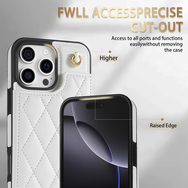 Estuche para Teléfono iPhone 11 Pro Max Ranuras para Tarjetas Hebilla Doble Rombal con Cordón (Blanco)