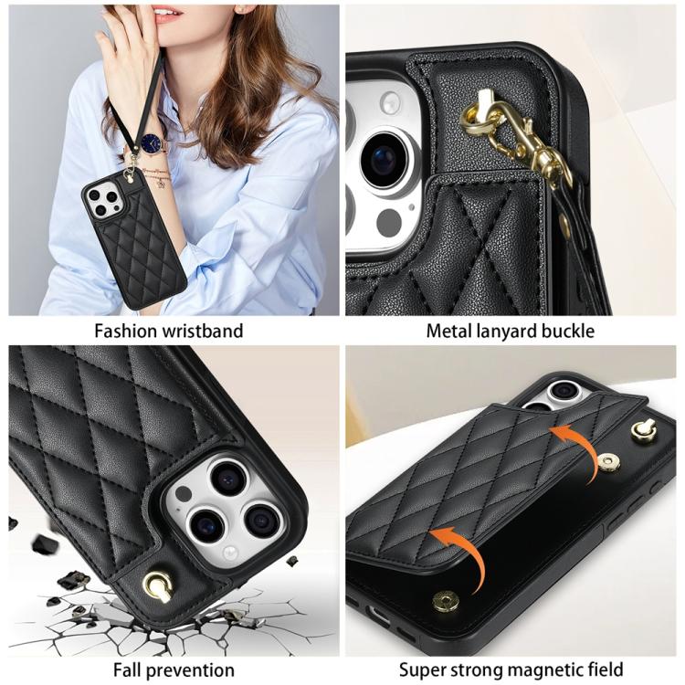 Estuche para Teléfono iPhone 11 Pro Max con Ranuras para Tarjetas y Hebilla Doble Rombal con Cordón (Negro)