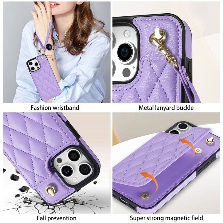 Estuche para Teléfono iPhone 11 Pro Max con Ranuras para Tarjetas y Hebilla Doble Rombal con Cordón (Morado)