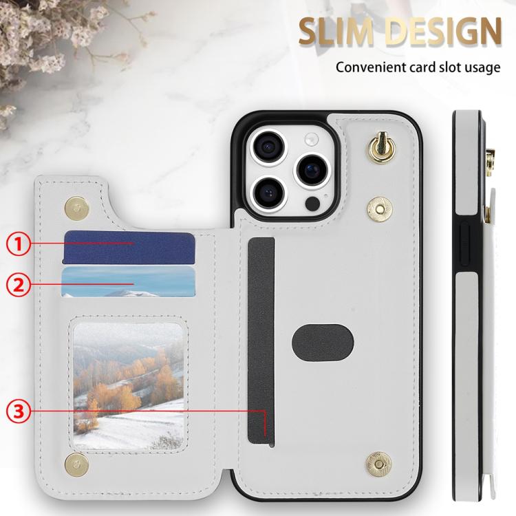 Estuche para Teléfono iPhone 11 Pro Ranuras para Tarjetas Hebilla Doble Rombal con Cordón (Blanco)