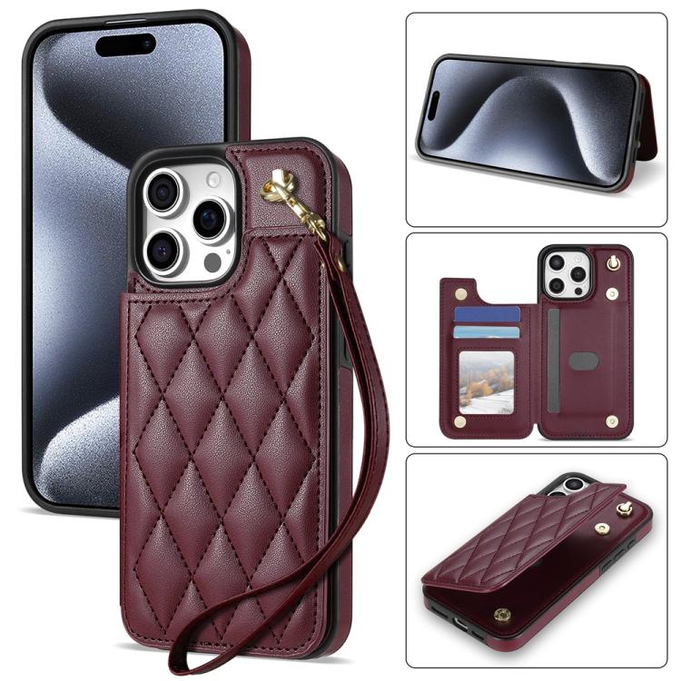 Estuche para Teléfono iPhone 11 Pro Ranuras para Tarjetas Hebilla Doble Rombal con Cordón (Rojo Vino)