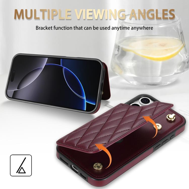 Estuche para Teléfono iPhone 11 Pro Ranuras para Tarjetas Hebilla Doble Rombal con Cordón (Rojo Vino)