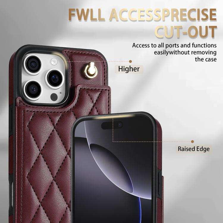 Estuche para Teléfono iPhone 11 Pro Ranuras para Tarjetas Hebilla Doble Rombal con Cordón (Rojo Vino)