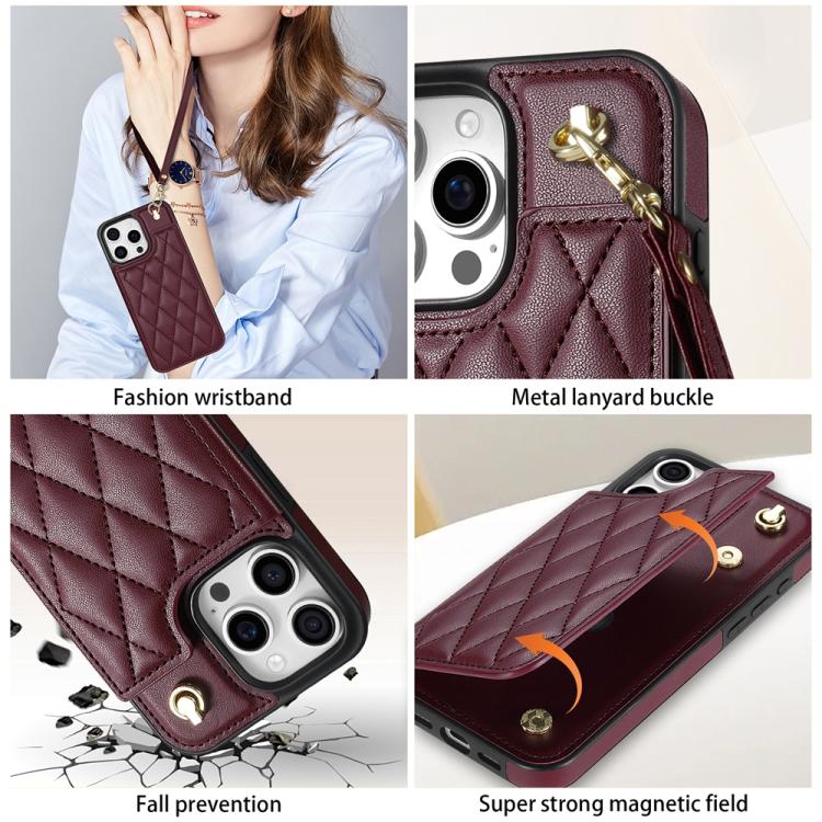 Estuche para Teléfono iPhone 11 Pro Ranuras para Tarjetas Hebilla Doble Rombal con Cordón (Rojo Vino)