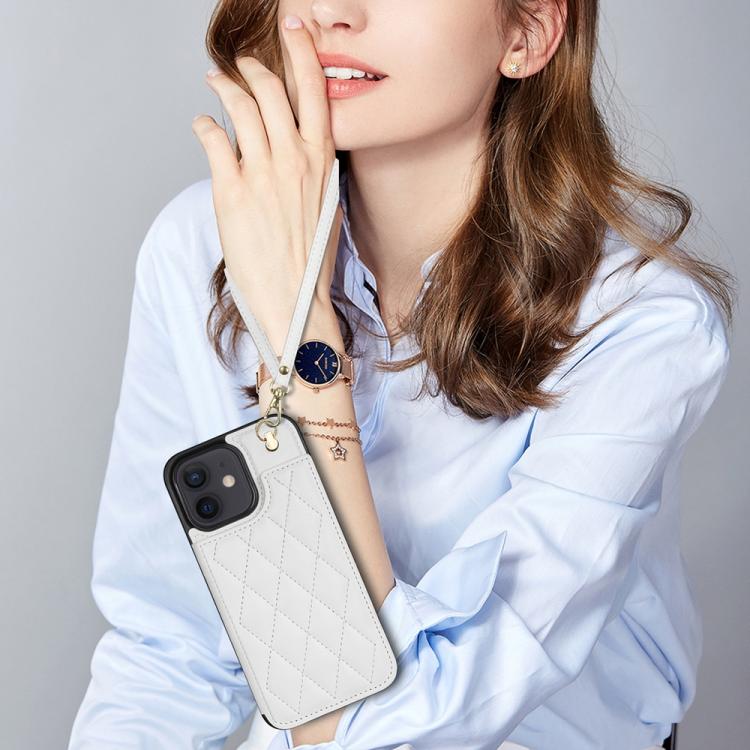 Estuche para Teléfono iPhone 11 con Ranuras para Tarjetas y Hebilla Doble Rombal con Cordón (Blanco)