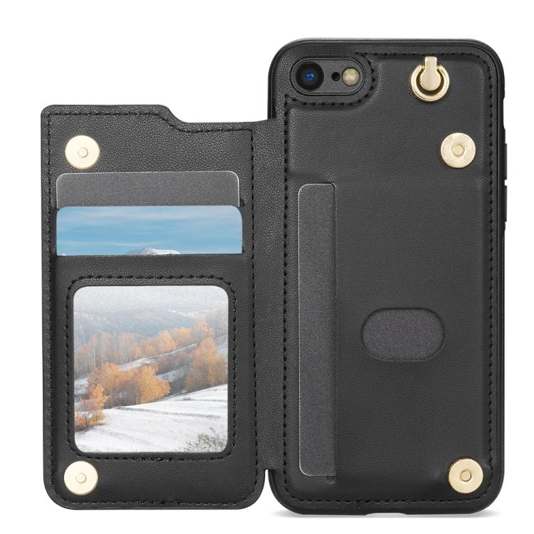 Estuche para Teléfono iPhone 8 Plus 7 Plus Ranuras Tarjetas Hebilla Doble Cordón (Negro)
