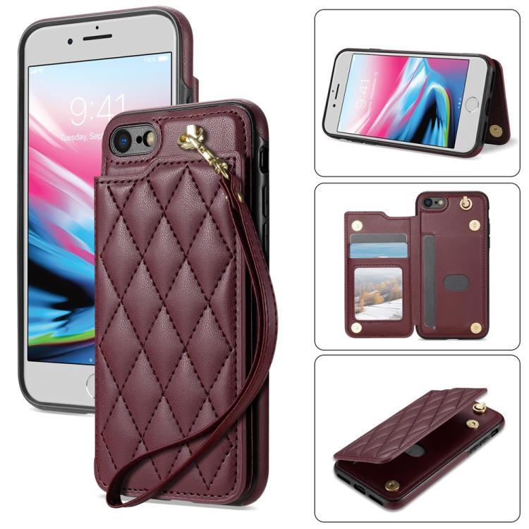 Estuche para Teléfono iPhone 8 Plus/7 Plus con Ranuras para Tarjetas y Hebilla Doble Rombal con Cordón (Rojo Vino)
