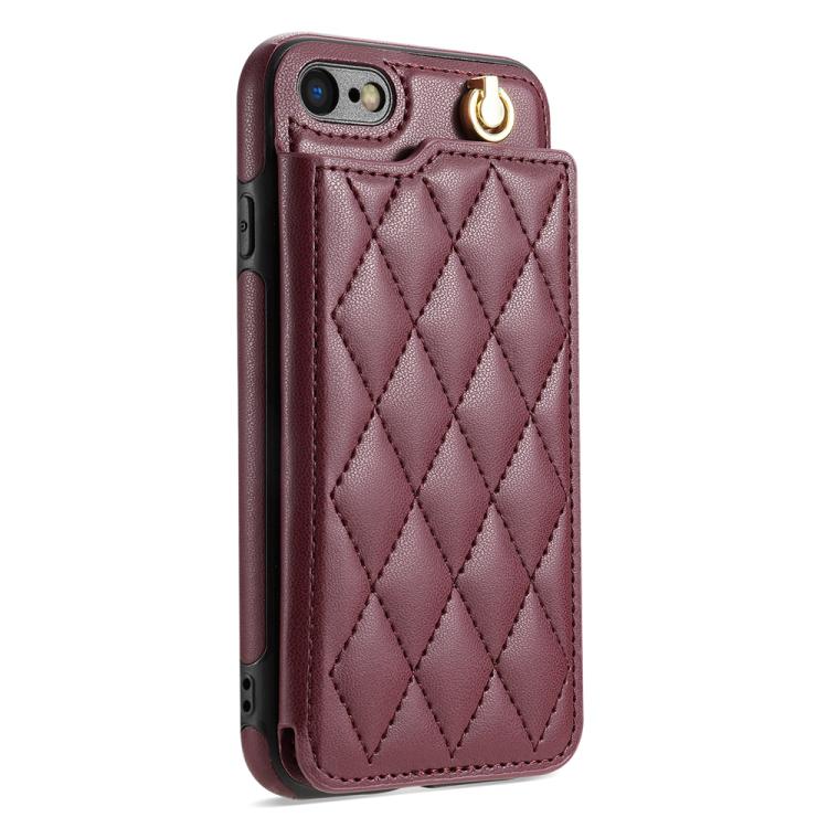 Estuche para Teléfono iPhone 8 Plus/7 Plus con Ranuras para Tarjetas y Hebilla Doble Rombal con Cordón (Rojo Vino)