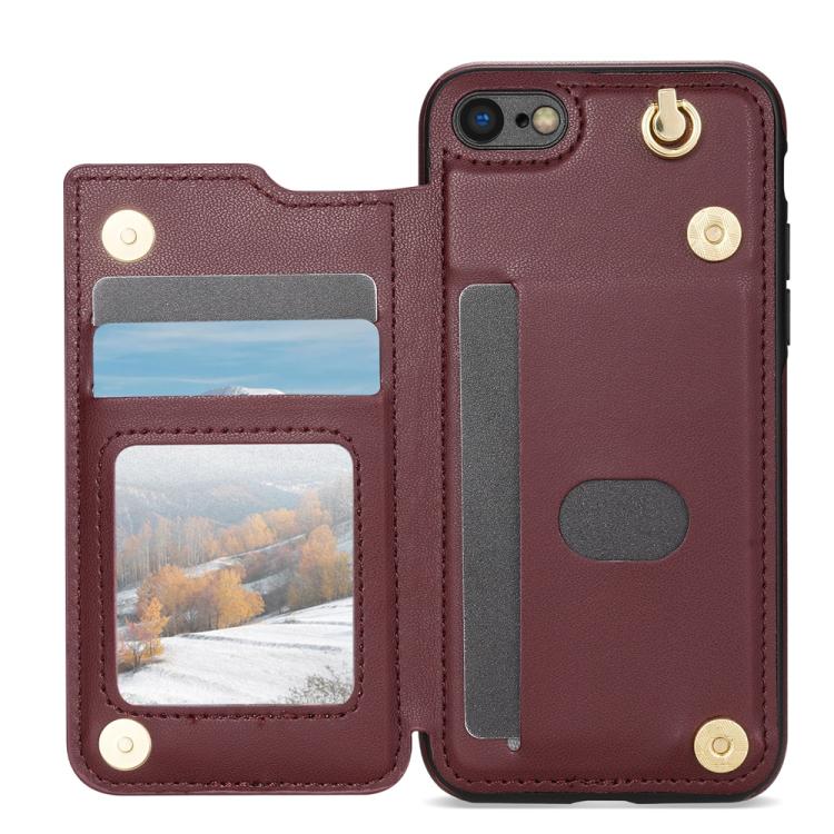 Estuche para Teléfono iPhone 8 Plus/7 Plus con Ranuras para Tarjetas y Hebilla Doble Rombal con Cordón (Rojo Vino)