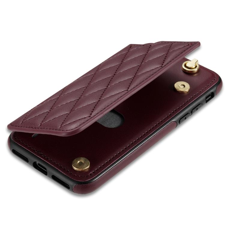 Estuche para Teléfono iPhone 8 Plus/7 Plus con Ranuras para Tarjetas y Hebilla Doble Rombal con Cordón (Rojo Vino)