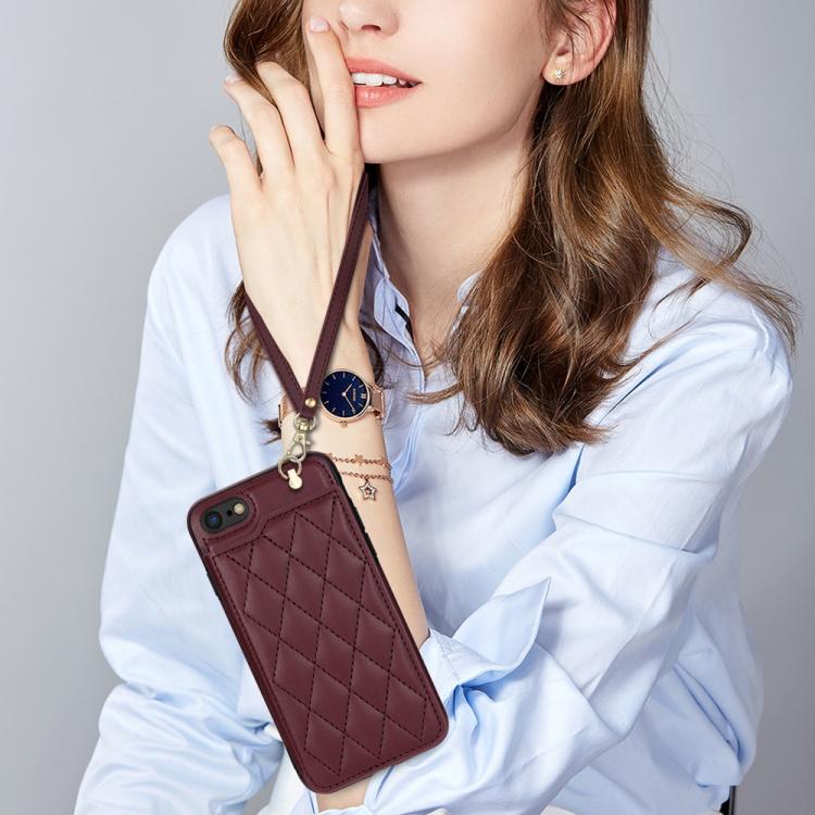 Estuche para Teléfono iPhone 8 Plus/7 Plus con Ranuras para Tarjetas y Hebilla Doble Rombal con Cordón (Rojo Vino)