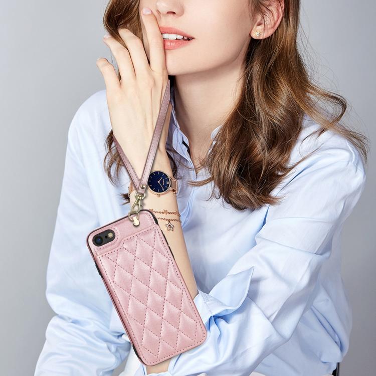 Estuche para Teléfono Rombal iPhone 8 Plus/7 Plus Ranuras Tarjetas Hebilla Cordón (Oro Rosa)