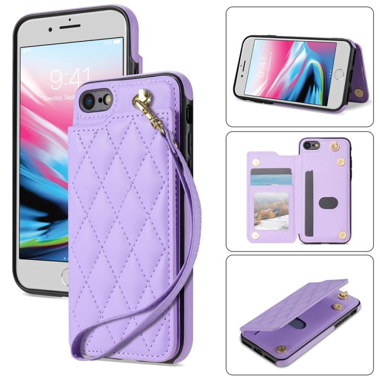 Estuche para Teléfono iPhone 8 Plus/7 Plus Ranuras Tarjetas Hebilla Doble Cordón (Morado)