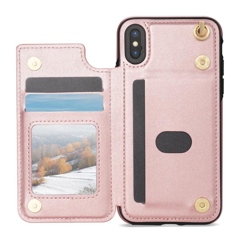 Estuche para Teléfono Rombal iPhone X/Xs Ranuras Tarjetas Hebilla Doble con Cordón (Oro Rosa)