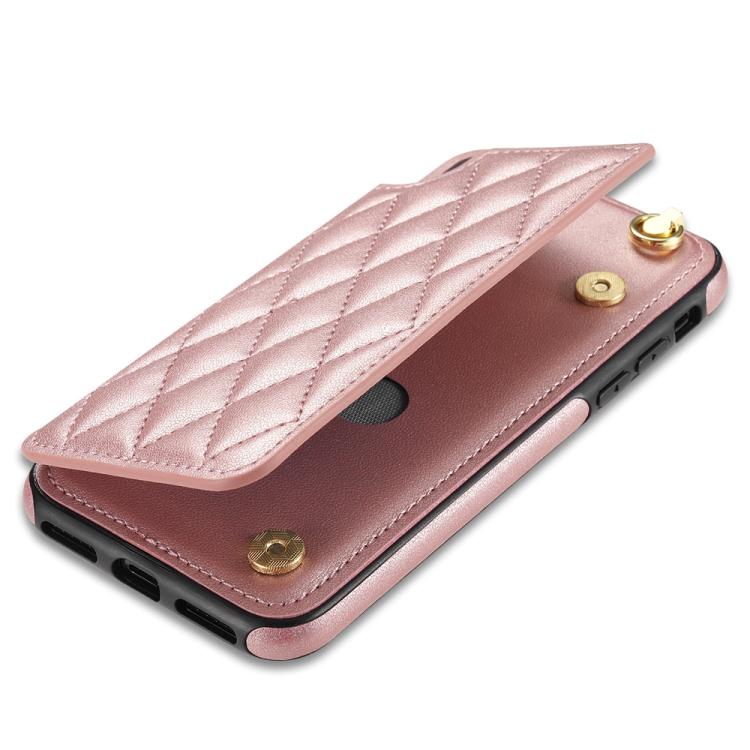 Estuche para Teléfono Rombal iPhone X/Xs Ranuras Tarjetas Hebilla Doble con Cordón (Oro Rosa)