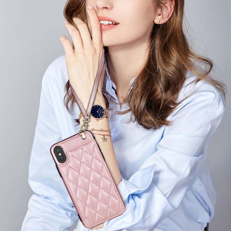 Estuche para Teléfono Rombal iPhone X/Xs Ranuras Tarjetas Hebilla Doble con Cordón (Oro Rosa)