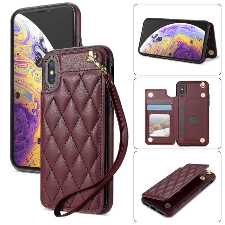 Estuche para Teléfono iPhone Xr Ranuras Tarjetas Hebilla Doble Rombal con Cordón (Rojo Vino)