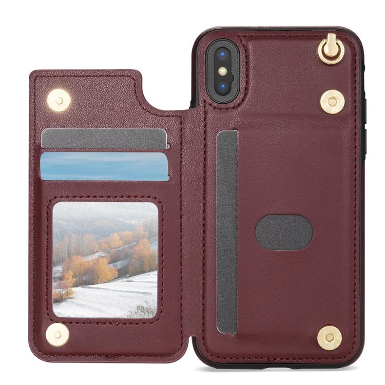 Estuche para Teléfono iPhone Xr Ranuras Tarjetas Hebilla Doble Rombal con Cordón (Rojo Vino)