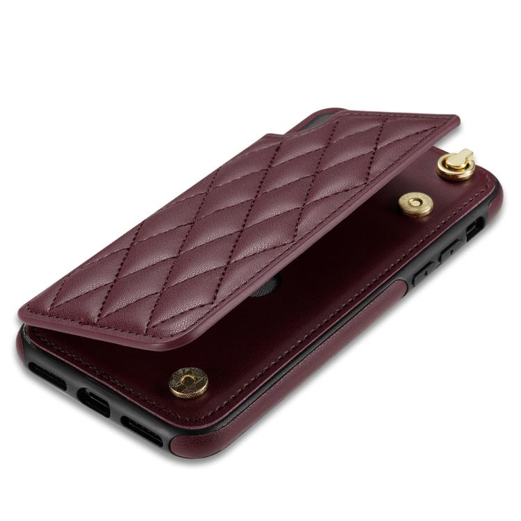 Estuche para Teléfono iPhone Xr Ranuras Tarjetas Hebilla Doble Rombal con Cordón (Rojo Vino)