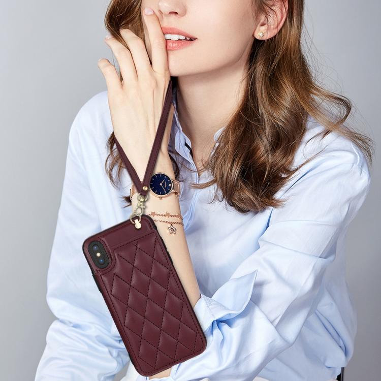 Estuche para Teléfono iPhone Xr Ranuras Tarjetas Hebilla Doble Rombal con Cordón (Rojo Vino)