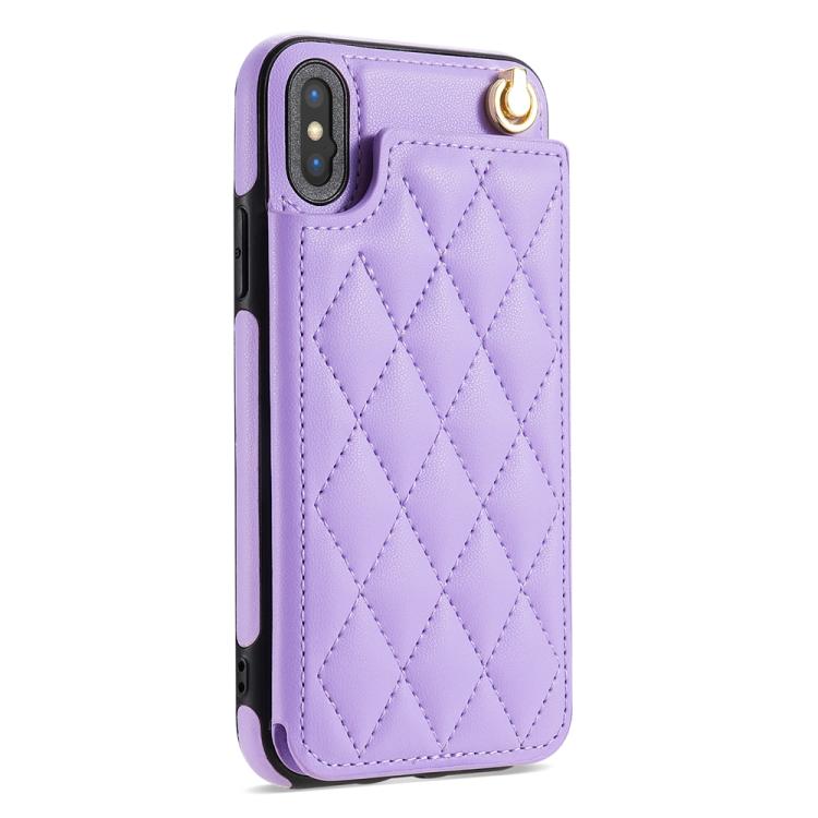 Estuche para Teléfono Rombal para iPhone Xr con Ranuras para Tarjetas y Cordón (Morado)