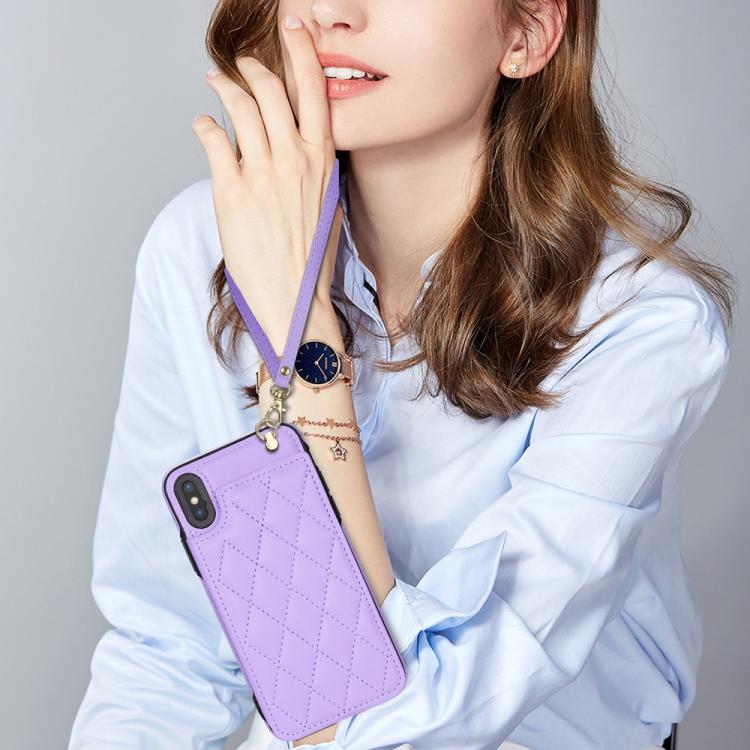 Estuche para Teléfono Rombal para iPhone Xr con Ranuras para Tarjetas y Cordón (Morado)